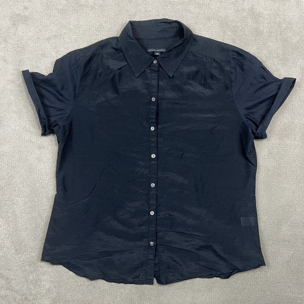 Banana Republic Women L Black Silk Cotton Blend Short Sleeve Button Up Shirt Top